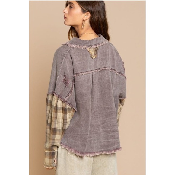 POL Oversized Plaid Sleeve Raw Edge Shirt Jacket Womens Size Large‎ - Picture 2 of 13